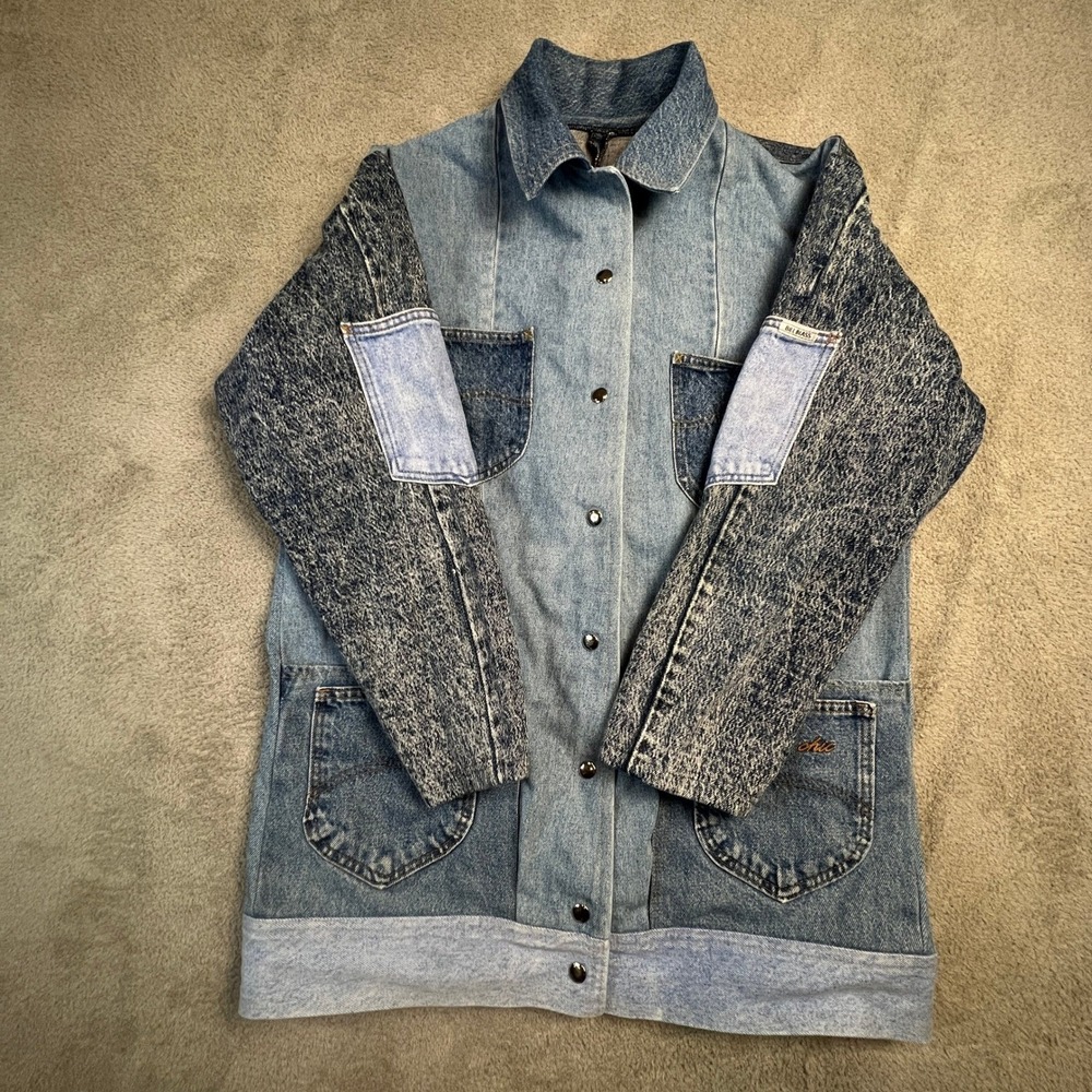 Vintage Denim Patchwork Jacket Women's Large Chore Coat‎ Acid Wash Longline Blue